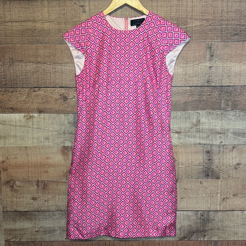 Ted Baker London Pink Geometric Knee Length Sheath Dress sz 0 Lined Exposed Zip